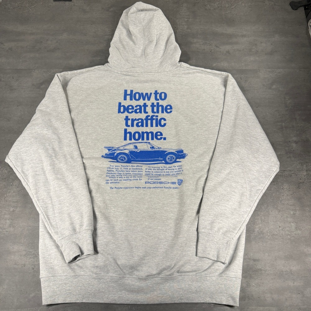 Porsche Club East London Hoodie Men 2XL XXL Gray Blue Vintage Ad Promo Sweater